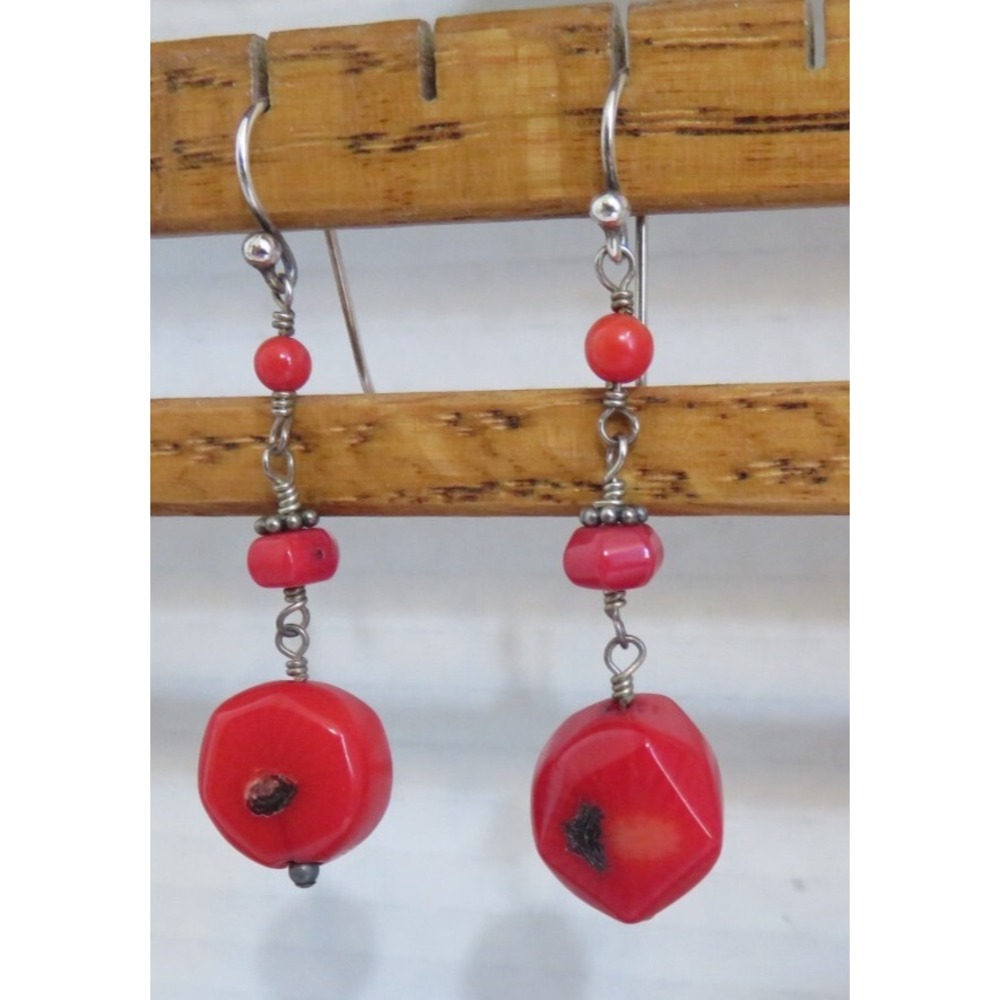 Chunky Red Coral Earrings Drop Dangle Silver Hooks